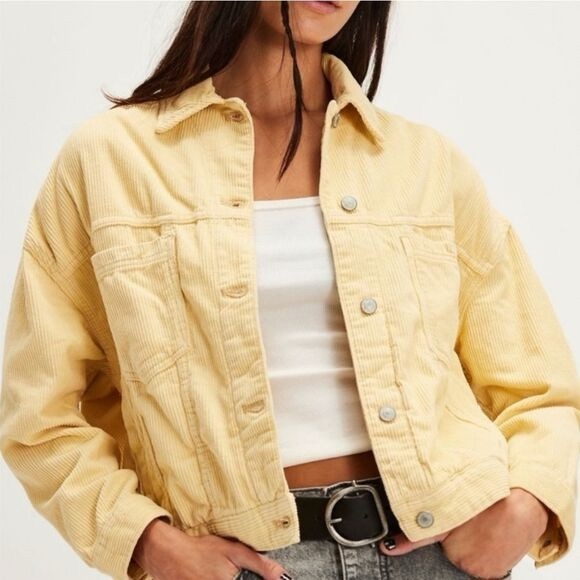 NWT Free People We The Free Opal Swing Cord Jacket - pear sorbet yellow - medium - Picture 2 of 11